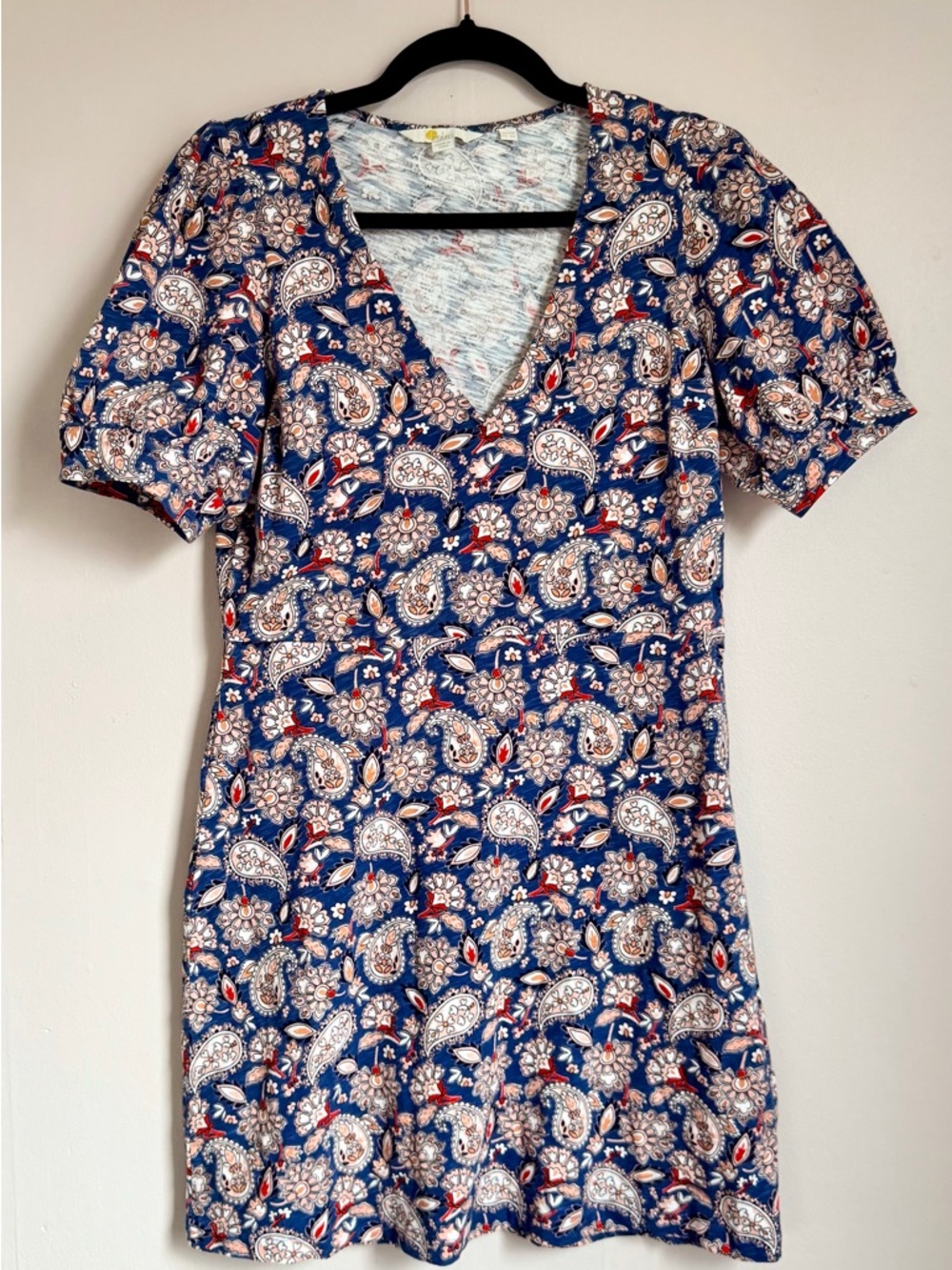 Boden US 6 Blue Paisley Floral Dress V Neck Short Sleeve Cotton Sheath